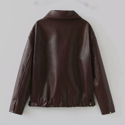 VESPER™ Lapel Veste Cuir Imitation Col Lapel Loose Bordeaux à Texture Plissée