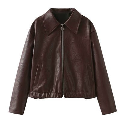 VESPER™ Lapel Veste Cuir Imitation Col Lapel Loose Bordeaux à Texture Plissée