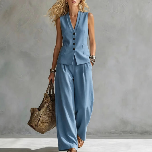 ISADORA™ Marina Ensemble Lin Femme 2 Pièces : Débardeur & Pantalon Fluide