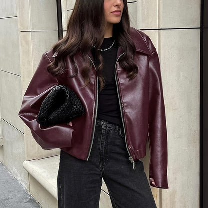 VESPER™ Lapel Veste Cuir Imitation Col Lapel Loose Bordeaux à Texture Plissée