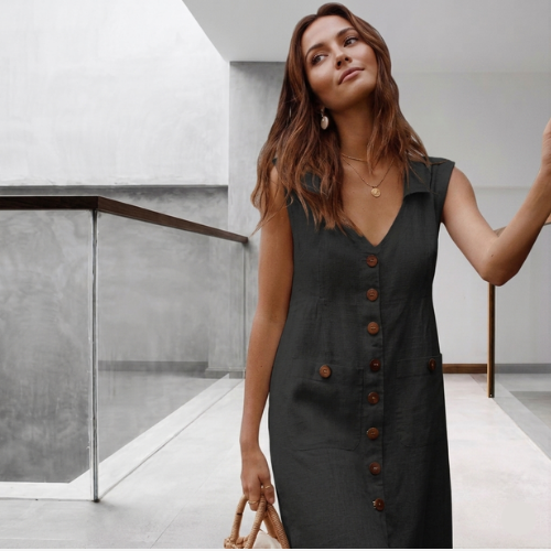 ISADORA™ Celeste Robe d'Été Col en V Boutonnée : L'Élégance Bureau & Soirée